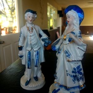 Vintage Blue & White Figurines w/ Gilt Gold